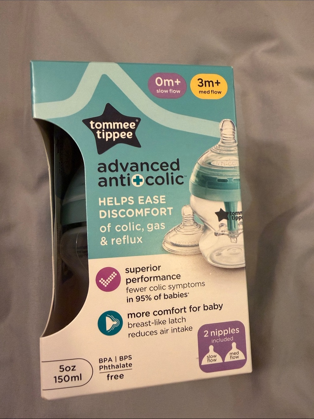 Tommy Tippee anti colic baby bottle with 2 nipples and cleaner brush